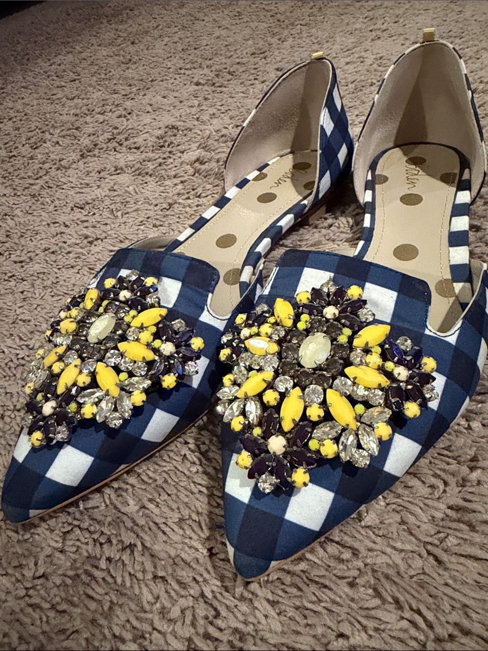 Boden blue white plaid yellow beaded embellished brooch d’orsay flats 41 / 10